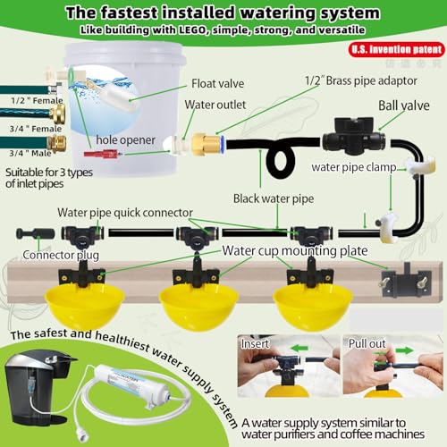Complete Set Pipeline Automatic Chicken Waterer System, Innovative Quick-Connect Water System with Large Size Water Cups Removable and Washable, 18ft Pipeline and Float Valve (Yellow, 6Cup)