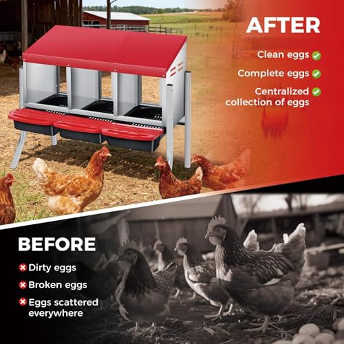 Chicken Nesting Box,3 Compartments Metal Roll Away Nest Box for Chicken Coop,Egg Laying Boxes, Lid Cover to Protect Eggs,Easy Egg Collection,Hen Roosting Boxes - color: red, size: 3 holes with legs