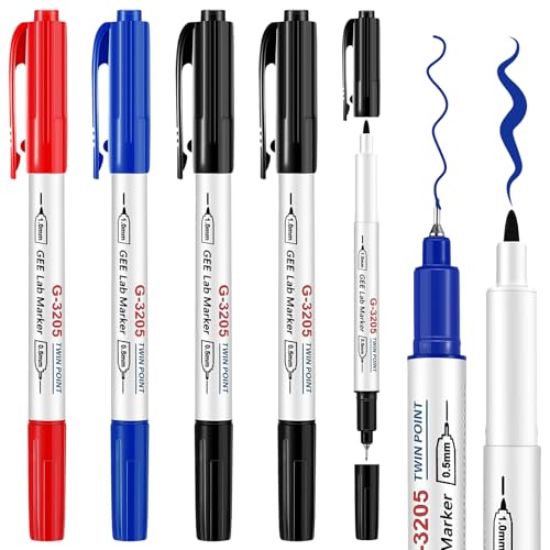 5 Pack Alcohol Resistant Laboratory Markers, Black Dual Head Permanent Freezer Pens with 0.5mm Fine Point and 1.0mm Makers Tip, Designed for Industrial, Lab and Hospital Use