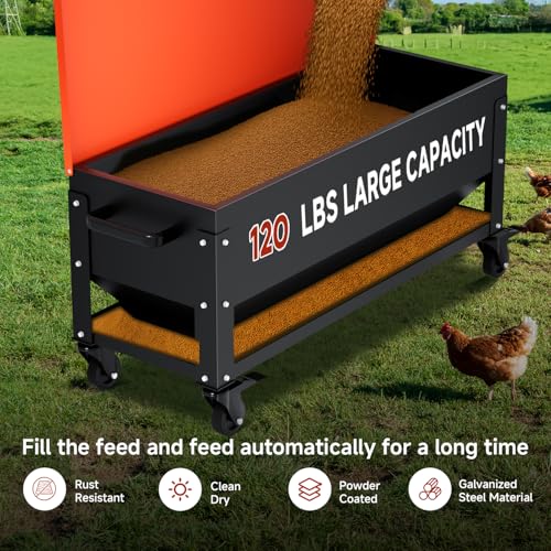 Heavy Duty Chicken Feeder 120 lbs Large Capacity, Metal Automatic Poultry Feeding Box with Waterproof Lid, Raised Standing Feeder with Wheels for Hens & Roosters, Portable & Easy to Move - color: Orange