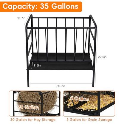 Hay Feeder, 35 Gallon Heavy-Duty Pasture Feeder, Metal Livestock Feeder for Ponies, Goats, and Sheep, Outdoor Pasture Grain and Hay Feeding Trough