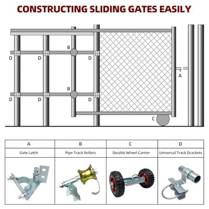 Rolling Gate Hardware Kit for Farm, Fence Gates, Rolling Gates- Includes 6" Double Wheel Carrier, 6 Universal Track Drackets, 2 Pipe Track Rollers, 1 Set Gate Latch, 2 Sets of Wrenches - color: Silver