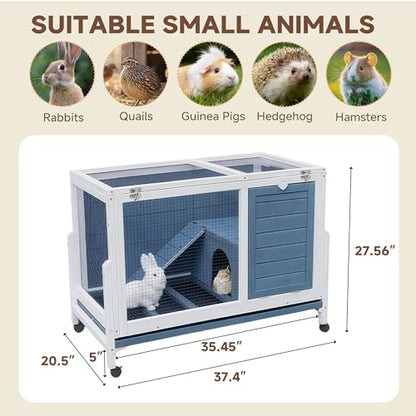 Large Indoor Rabbit Hutch Wooden Bunny Rabbit Cage 2-Story with Run Caster Waterproof No-Leak Pull-Out Tray Ramp Wheel for Guinea Pig Small Medium Animal Wood Pet House Home Blue & White 37“