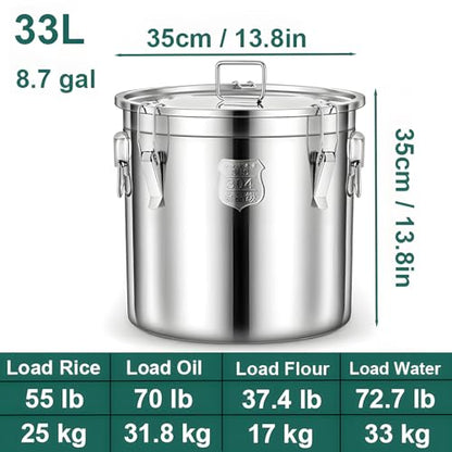 304 Stainless Steel Airtight Canister, Metal Cereal Flour Storage Container with Carry Handle Sealed Lid Coffee Canisters for Household Kitchen Bean Oil Milk Barrel (33L/8.7Gal)