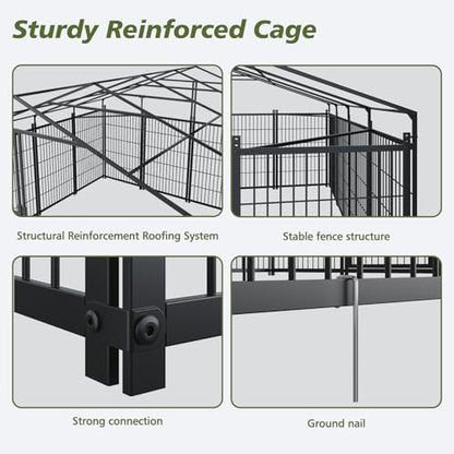Large Dog Kennel Outdoor with Waterproof Roof Cover 18.9'L X 9.6'W X 6.76'H Metal Dog Run Enclosure Pet Pen Fence with 2 Rotatable Feeders Outside Dog House for Yard Chicken Coop Animals Ventilated