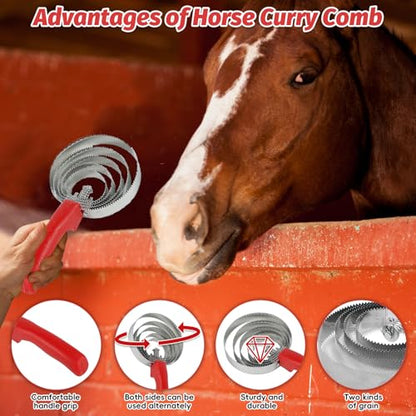 kathson 5 Rings Curry Comb Horse Brush Scraper Reversible Stainless Steel Livestock Shedding Comb with Soft Touch Grip for Dog Horse Grooming Supplies (Red)