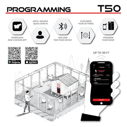 RUN-CHICKEN Door T50 – Automatic Chicken Coop Door Opener, Battery Powered & Weatherproof Aluminum, Smart App & Timer Control, Predator Proof, Easy Install, Reliable All-Season Performance (USA)