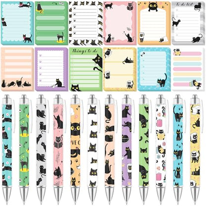 Dispowreath 24 Pcs Black Cat Sticky Notes with Pens Themed Party Favors Gifts Cute Notepad Memo Notes Pads Black Ink Ballpoint Pen for Cat Lover Christmas Gifts Office Supplies - style: Black Cat