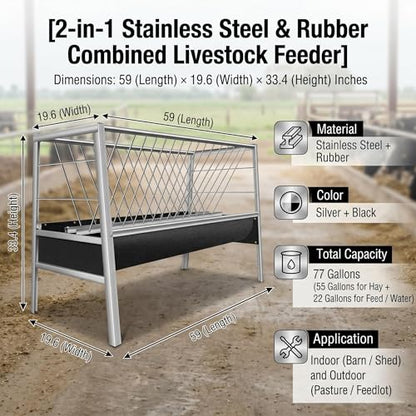 77 Gallon Anti-Waste Hay Feeder, Rustproof Stainless Steel Livestock Feeder with Rubber Trough, Sturdy Farm Feeding Equipment for Goats, Sheep, Calves, Horses