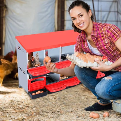 Chicken Nesting Box 10-Compartment – Roll Away Laying Boxes for Hens with Lid Cover & Egg Protection – Heavy Duty Red Poultry Nest Box