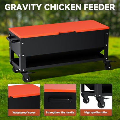 Heavy Duty Chicken Feeder 120 lbs Large Capacity, Metal Automatic Poultry Feeding Box with Waterproof Lid, Raised Standing Feeder with Wheels for Hens & Roosters, Portable & Easy to Move - color: Orange