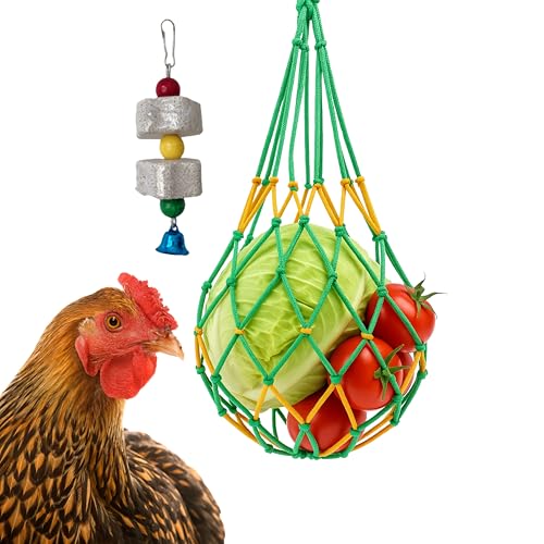 Chicken Hanging Feeder Enrichment Toys and Pecking Block, Beak Grinding Calcium Stone With Bells, Chickens Pecking Toy, Boredom Busters For Chickens Enrichment Toys, Chicken Coop Accessories (Net Bag)