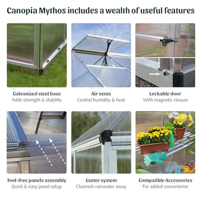 Canopia 6x8 Greenhouse Kit, Hobby Walk-In Twin-Wall UV Polycarbonate Heavy Duty Aluminum Frame, Lockable Door, Adjustable Roof Vent, Rain Gutters, Galvanized Steel Base, Mythos (Silver) - color: Silver, size: 6 Ft. x 8 Ft.