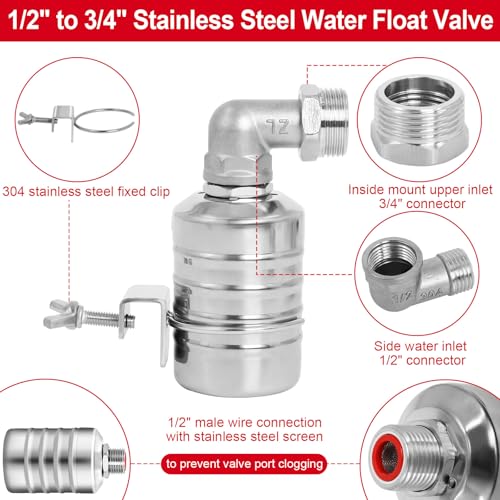 Automatic Float Valve for Water Tank, 3 Pack Stainless Steel Tank Float Valve 1/2" & 3/4", Auto Shut Off Water Level Control Valve for Livestock Trough, Aquarium, Pool