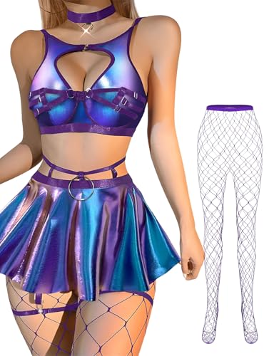 Lilosy Sexy Stocking Chocker Strappy Underwire O Ring Push Up Garter Belt Women Skirt 5 Piece - color: Laser Purple, size: Medium