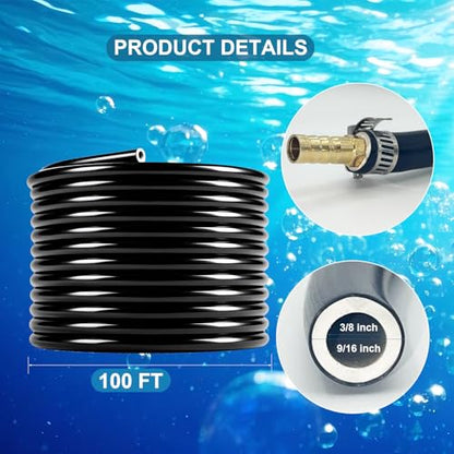 3/8 Inch Self-Sinking Aeration Hose, Heavy-Duty Weighted Pond Tubing with 8 Stainless Steel Clamps and 4 Copper Menders for Ponds, Lakes, Aquaculture (100 FT)