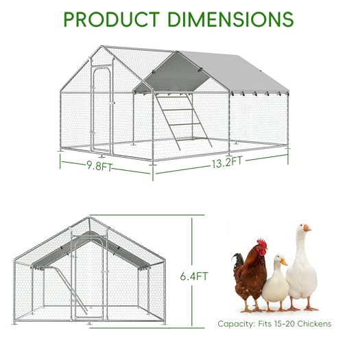 Large Metal Chicken Coop with Roosting Perch, Waterproof and UV-Resistant Cover,Outdoor Walk-in Cage Hen House for Yard Farm Rabbit Duck Chicken Run Spire Roof (10’ W x 13.2’ L x 6.4’ H)