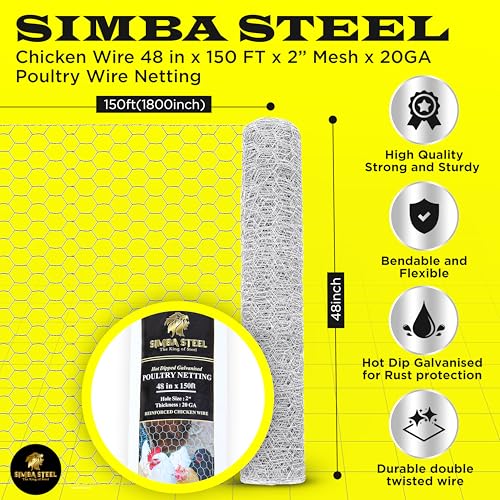 Chicken Wire 48 in x 150 FT x 2” Mesh x 20GA | Poultry Wire Netting | Hot Dipped Galvanised | Hexagonal Galvanized Mesh for Chicken Coop, Rabbit Cage, Fence Barrier PM48x150x2 - style: 48 in x 150 FT x 2 in