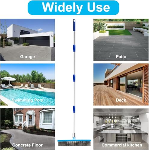 60'' Stainless Steel Deck Scrub Brush with Long Handle - Heavy Duty Floor Scrubber for Concrete, Grout, Garage, Patio, Boat & Garden - Stiff Bristle Broom for Moss, Tough Stains & Dirt Removal
