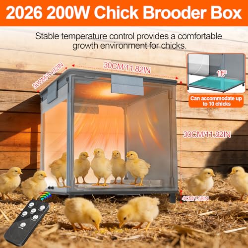 Brooder Box for Chicks, 4-in-1 Chick Starter Kit, Brooder Heating Plate with Adjustable Temp (7795) & 9H Timer, Baby Chicken Pen, Chicken Feeder, Waterer, 200W Poultry Coop Heater for Ducks, Quails