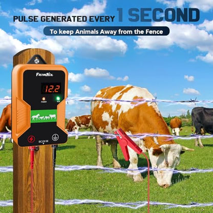 12KV Electric Fence Charger with LED Indicator, 2 Joules Pulse Energy, 10 Miles Range, Prevents Wild Animals Intrusion for Livestock Poultry, Farm Animals, Pets, Ranches, Gardens - color: Orange