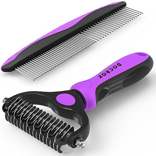 Docrok Pet Grooming Brush and Metal Comb Combo - Undercoat Rake for Dematting and Deshedding Long Matted Haired Dogs and Cats, Purple - color: Purple