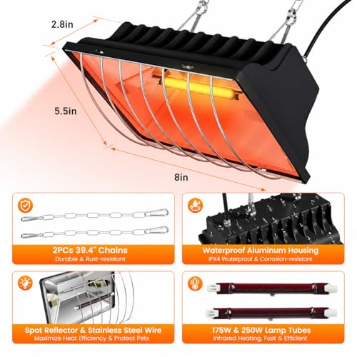 Chicken Brooder Heater for Chicks, Chick Brooder Heat Lamp with 250W & 175W Heating Bulbs, 4 Adjustable Heat Levels for Baby Chicks, Quail, Ducklings & Poultry Brooding - size: 1 Piece