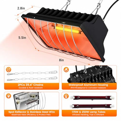 Heat Lamp for Chickens, Coop Heater for Chicks with 2pcs Heating Bulbs (250W&175W), Adjustable Temp.& Hanging Heights, Brooder Heater for Indoor Outdoor Use in Livestock Supplies (2, Black) - size: 2PCs