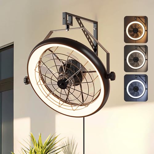 Wall Mounted Fan with Lights, 23” Wall Mount Fan with Remote, 6 Speeds Plug in Wall Fan, Reversible, 3CCT, Dimmable, Noiseless, 360°Adjustable Tilt for Workshop, Patio, Home - color: 1010-23"