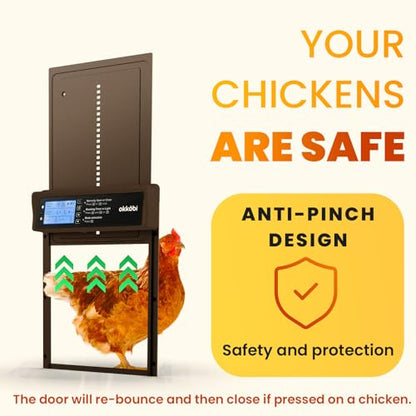 Okkobi Automatic Chicken Coop Door Solar Powered - LCD Display - Light Sensor & Timer - Security & Peace of Mind: Anti-Pinch Function - 5-Year Protection - Dark Brown - color: Dark Brown
