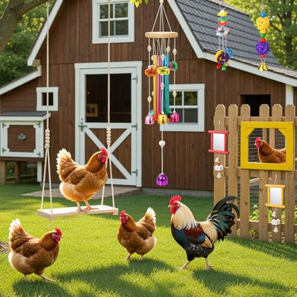 Soulchen 6 Pieces Chicken Toys for Coop Chicken Wind Chime Enrichment Toys Kits Chick Mirror with Bells Swing Hanging Chick Rattan Ball Loofah Bell for Coop Hens Chicks Poultry Birds Parrots - style: Chick Rattan Ball Loofah Bell