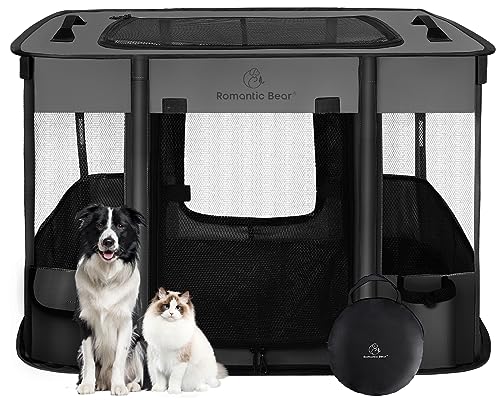 Dog Playpen,Pet Playpen,Foldable Puppy Cat Playpen,Portable Exercise Kennel Tent Crate,Water-Resistant Breathable Shade Cover,Indoor Outdoor Travel Camping Use for Small Animals with Carrying Case(M) - color: Grey, size: Medium(32"x24"x22")