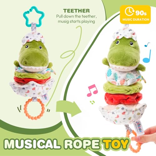 Jollybaby Baby Musical Pull String Hanging Toy for Stroller Car Seat Crib Play Gym, Plush Stuffed Dinasour Toy for Carseat with Music Teether Crinkle Paper, Sensory Toy for 0-6-12-18 Months Baby Gift - style: Dinosaur