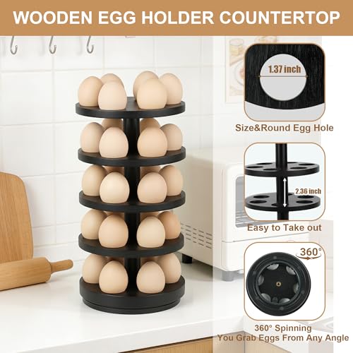 Wooden Fresh Egg Holder Countertop, 5 Layer Rotating Countertop Egg Holder for Fresh Eggs, Stackable with 30 Eggs for Countertop Kitchen-Black - color: Black