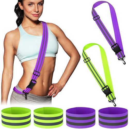 Saintrygo 6 Pcs Reflective Sash for Walking at Night Reflective Strap Arm Band High Visibility Belt Safety Ankle Strap for Visibility Vest Clothing Running Gear - color: Fluorescent Green, Fluorescent Purple