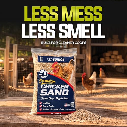 Sun Joe Premium Chicken Coop Sand, Coarse Grade, Washed, Screened and Dried, 50 Lb Bag - Fast-Draining, Non-Clumping, and Natural Mineral Poultry Bedding Accessories for Chicks and Chickens CHKSAND50
