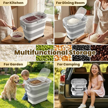 25-35Lbs Rice Container,Collapsible Food Storage Containers with Transparent Airtight Lid,Wheels,Rice Storage Container with Small Bin and Scoop,Rice Dispenser for Flour Sugar Cereal Grain Dog Cat - color: Clear/25-35lbs