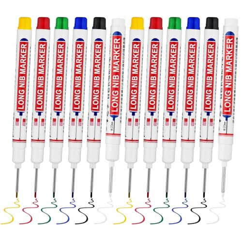 12 PCS Long Head Deep Hole Marker Pens,20mm Long Nib Marker,Longs Nose Markers,Waterproof Construction Markers Marking Tool,Permanent Markers Carpenter Ink marker Pens,Metal marking Pen - color: 12PCS-20MM-Red/Blue/Green/Black/White/Yellow