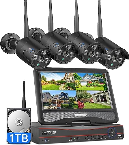 Hiseeu Home Security Camera System, 24/7 Recording Wired Plug-in Powered 4Pcs 5MP Outdoor Cameras, 10.1" LCD 16CH 8MP NVR&Monitor, One-Way Audio, Motion Detection, 1TB HDD, 2.4G/5G Wireless WiFi Pro - color: Black-1