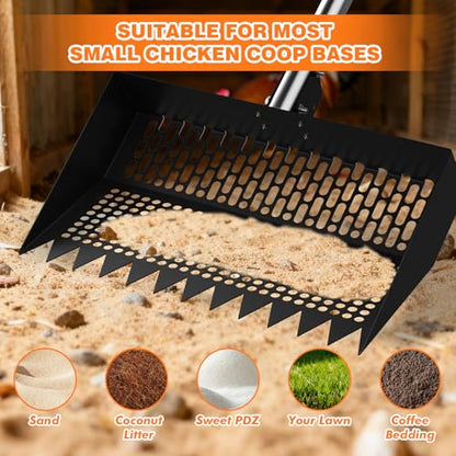 2-in-1 Chicken Poop Scooper & Chicken Coop Rake, Adjustable Stainless Steel Handle Chicken Coop Sifting Litter Shovel & Metal Litter Sifter (12 Inch, 28-65"，Black)