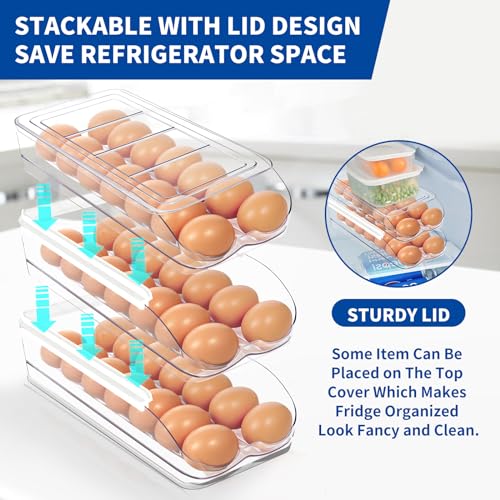 MesRosa Egg Holder for Fridge, Automatic Rolling Egg Organizer for Refrigerator, Clear Plastic Egg Container & Tray, Stackable Dispenser and Storage with Sturdy Lid to Saving Space -1 Layer - size: 1 Layer Holder 14 Eggs