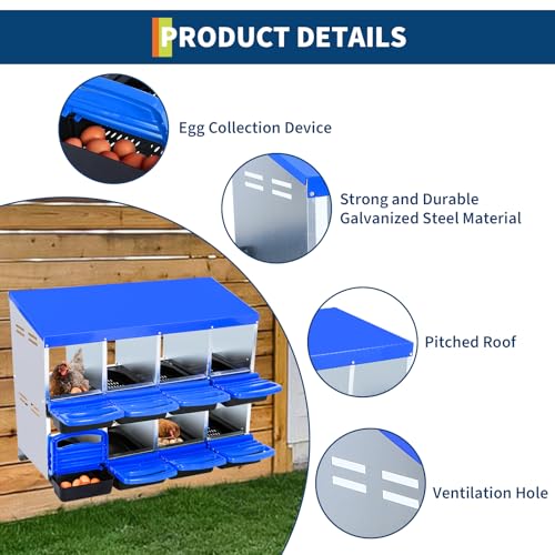 Chicken Nesting Box, 8-Hole Roll Away Egg Laying Box with Lid, Galvanized Steel Rustproof Design - Easy Egg Collection, Easy Clean Wall-Mountable Without Bracket, Blue - color: blue, size: 42.7"L x 16.9"W x 26.6"H