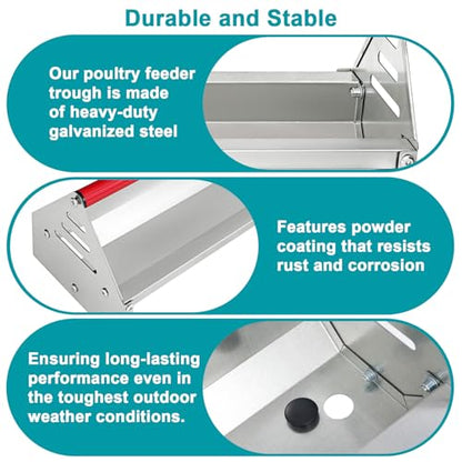 Chicken Feeding Trough, Heavy Duty Galvanized Steel Feeder with Drainage Holes & Crossbar, 45in Poultry Feeder Trough for Chicken, Duck, Geese, Turkey, Rabbit and Pigeon