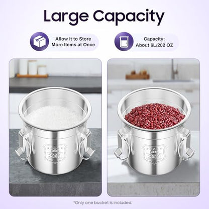 6L (1.59 gal) Stainless Steel Food Storage Container with Lid, Airtight Locking Bucket for Rice, Flour, Pet Food - Food Grade 304, Commercial & Home Kitchen, 202 oz Capacity (1.59 gal) - size: 1.59 gal