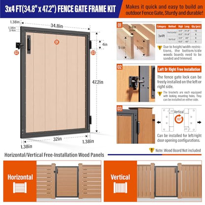 3x4FT (34.8"W X 47.2"H) 201 Stainless Steel Anti Sag Wooden Fence Gate Kit Heavy Duty Garden Gate Frame Hardware Kit Reinforcement (Left/Right Free-Installation) - size: W3xH4 FT