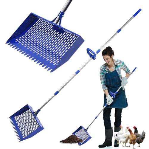 15 in Wide Chicken Poop Scooper and rake，Heavy Poop Scoop Shovel for Cleaning Coops, Adjustable Long Handle， Suit for Cleaning Chicken coops, racecourses, and Sheep pens