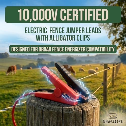 Electric Fence Jumper Leads with Alligator Clips 6.6ft - 10,000V Rated Tinned Copper Wire Connectors with Premium TPU Insulated Cables for Fence Energizer, Solar Charger, Electric Fence - 1 Set - size: 1 Set (Red + Black Leads)