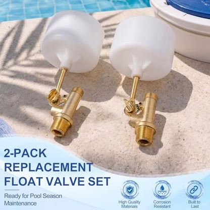 Lounsweer 2 Pack 3/8" Water Float Valves, Brass Pool Float Valve with Adjustable Arm, Water Level Control for In-Ground Pools & Auto-Fill Systems Fountains Tank Ponds Aquariums