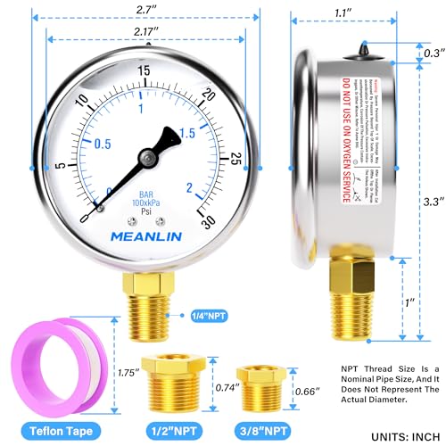 MEANLIN MEASURE 0~30Psi Stainless Steel 1/4" NPT 2.5" FACE DIAL Liquid Filled Pressure Gauge WOG Water Oil Air Lower Mount, with 1/2" NPT and 3/8" NPT Hex Bushing - size: 0-30Psi