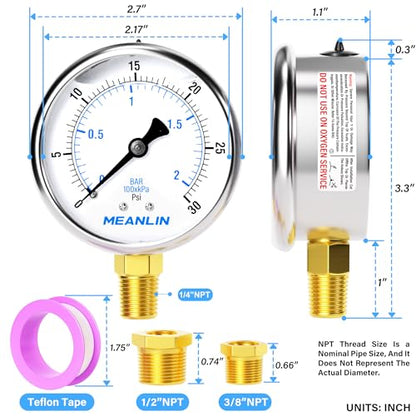 MEANLIN MEASURE 0~30Psi Stainless Steel 1/4" NPT 2.5" FACE DIAL Liquid Filled Pressure Gauge WOG Water Oil Air Lower Mount, with 1/2" NPT and 3/8" NPT Hex Bushing - size: 0-30Psi